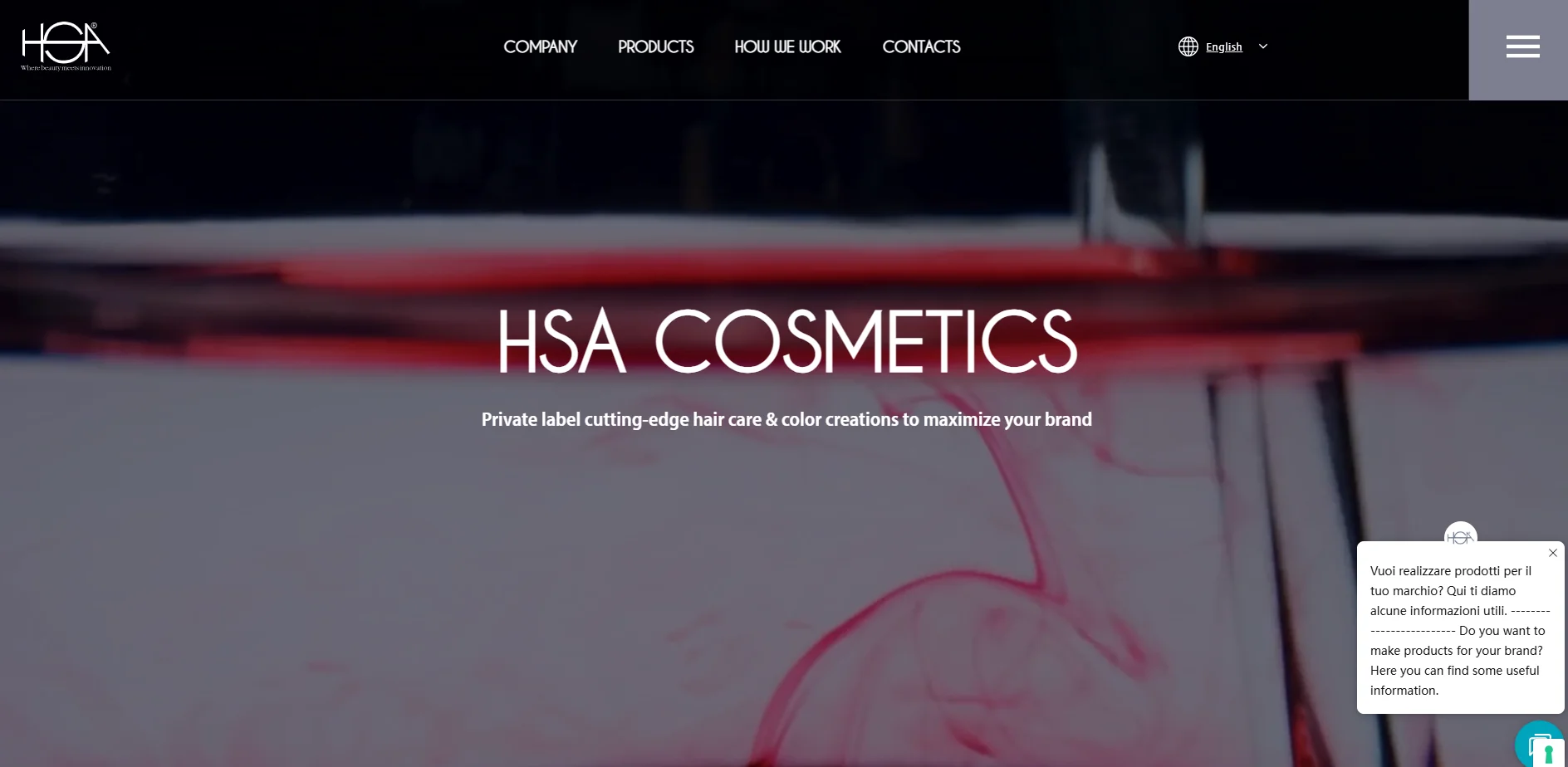 HSA Cosmetics homepage showcasing branding banner with text about private label hair care and color creations for brands.